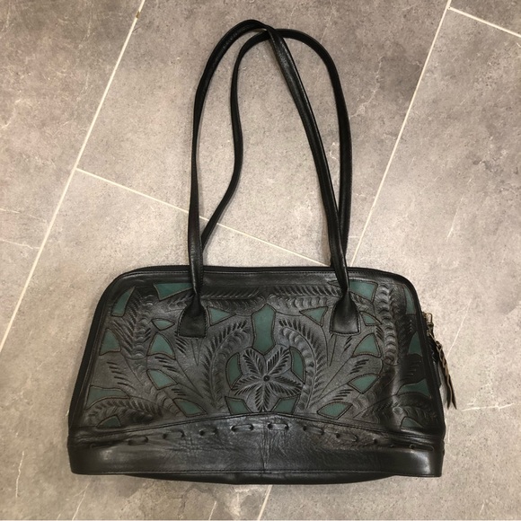 Leaders in Leather black tooled purse shoulder bag turquoise blue cowgirl - Picture 12 of 12